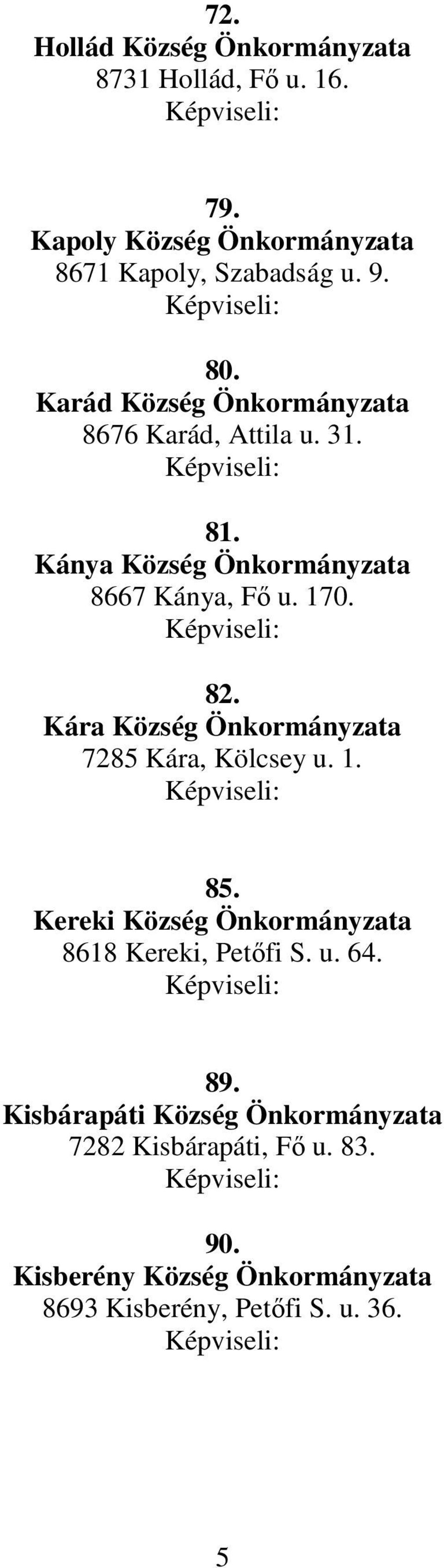 Kára Község Önkormányzata 7285 Kára, Kölcsey u. 1. 85. Kereki Község Önkormányzata 8618 Kereki, Petıfi S. u. 64. 89.
