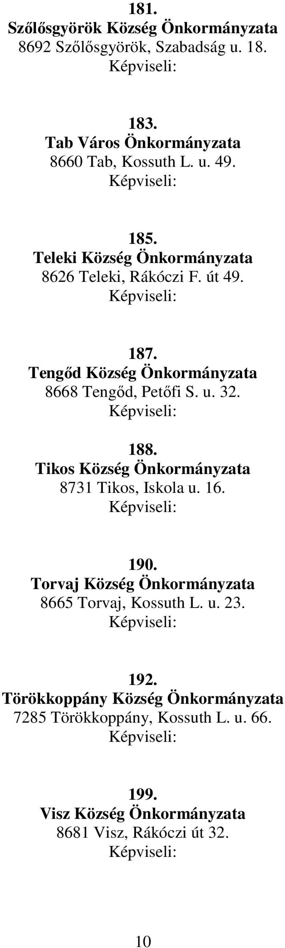 188. Tikos Község Önkormányzata 8731 Tikos, Iskola u. 16. 190. Torvaj Község Önkormányzata 8665 Torvaj, Kossuth L. u. 23. 192.