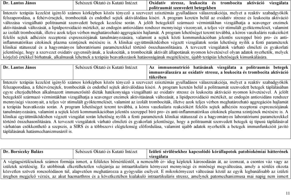 A program keretén belül az oxidatív stressz és leukocita aktiváció változása vizsgálható politraumát szenvedett betegek kezelése során.