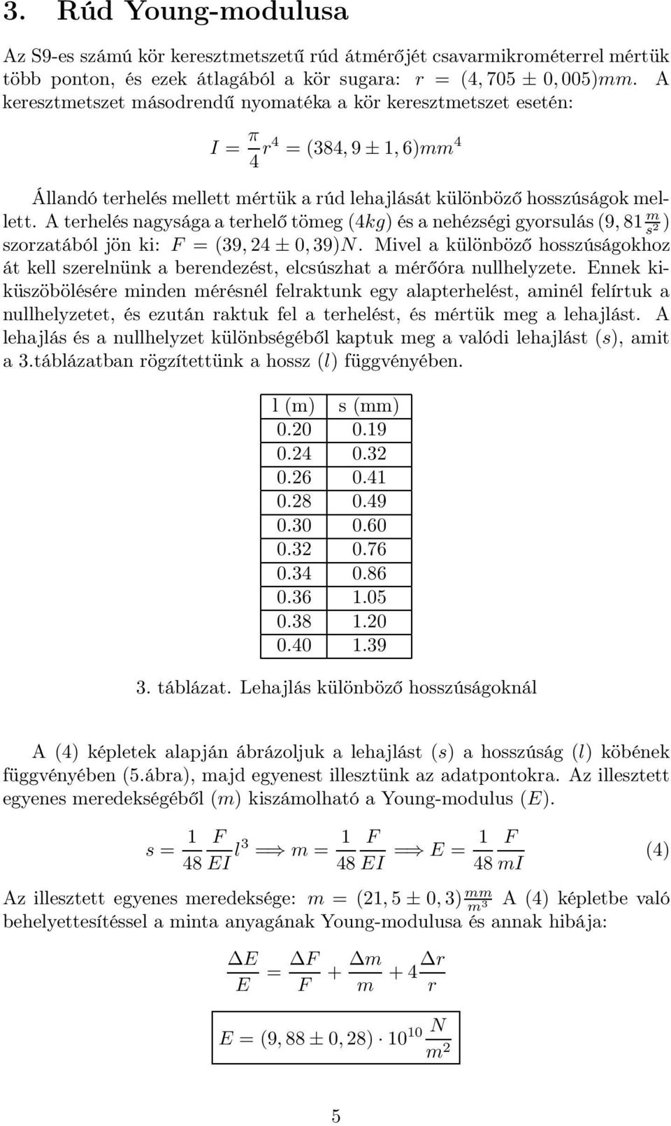 A terhelés nagysága a terhelő tömeg (4kg) és a nehézségi gyorsulás (9, 81 m s 2 ) szorzatából jön ki: F = (39, 24 ± 0, 39)N.