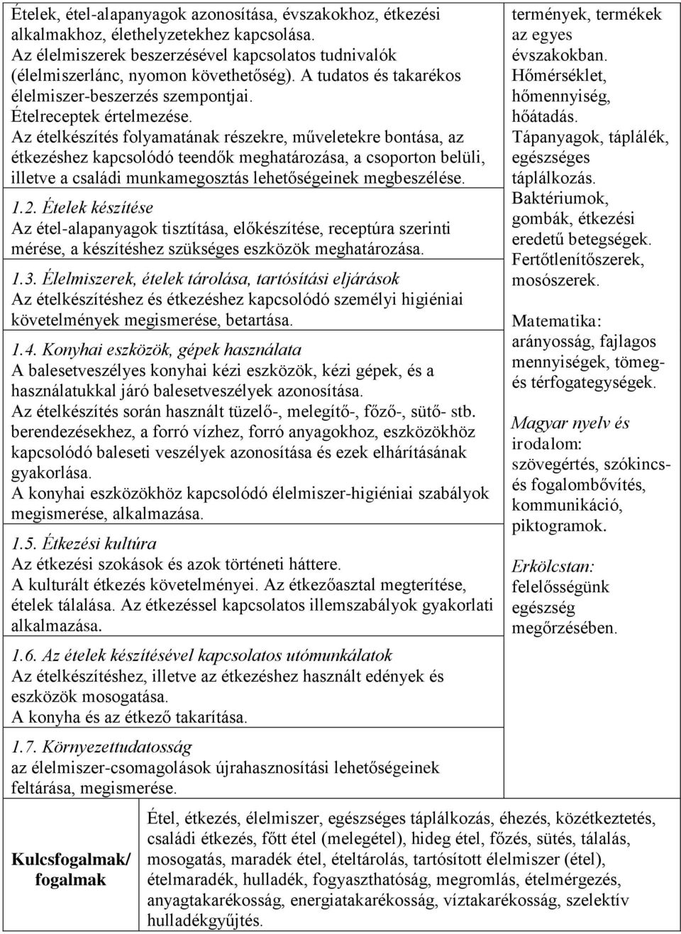 Az ételkészítés folyamatának részekre, műveletekre bontása, az étkezéshez kapcsolódó teendők meghatározása, a csoporton belüli, illetve a családi munkamegosztás lehetőségeinek megbeszélése. 1.2.