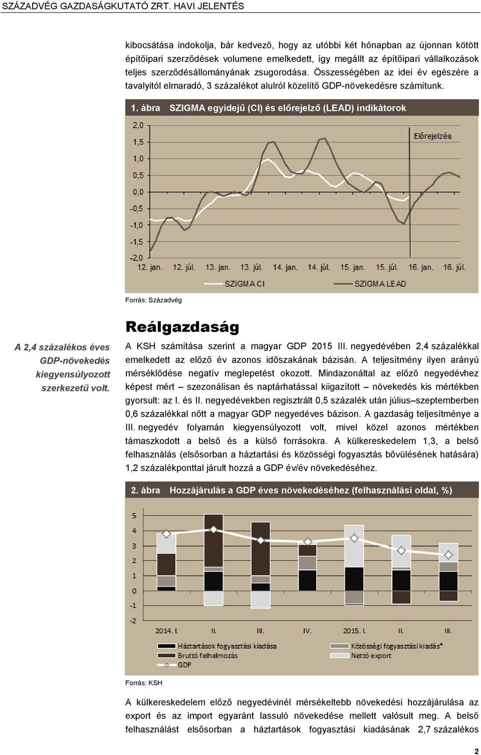 ábra SZIGMA egyidejű (CI) és előrejelző (LEAD) indikátorok Forrás: Századvég Reálgazdaság A 2,4 százalékos éves GDP-növekedés kiegyensúlyozott szerkezetű volt.