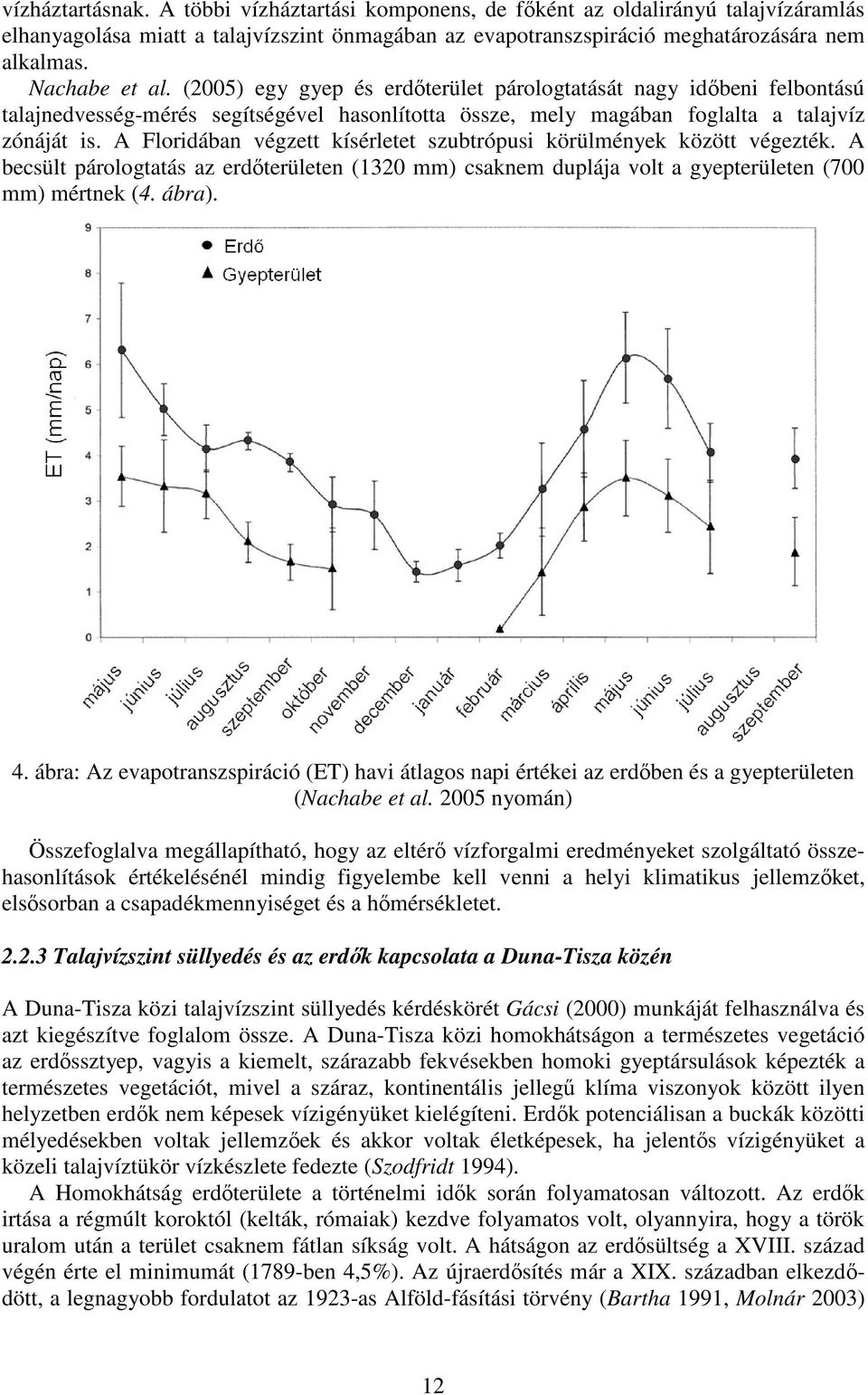 A Floridában végzett kísérletet szubtrópusi körülmények között végezték. A becsült párologtatás az erdőterületen (1320 mm) csaknem duplája volt a gyepterületen (700 mm) mértnek (4. ábra). 4.