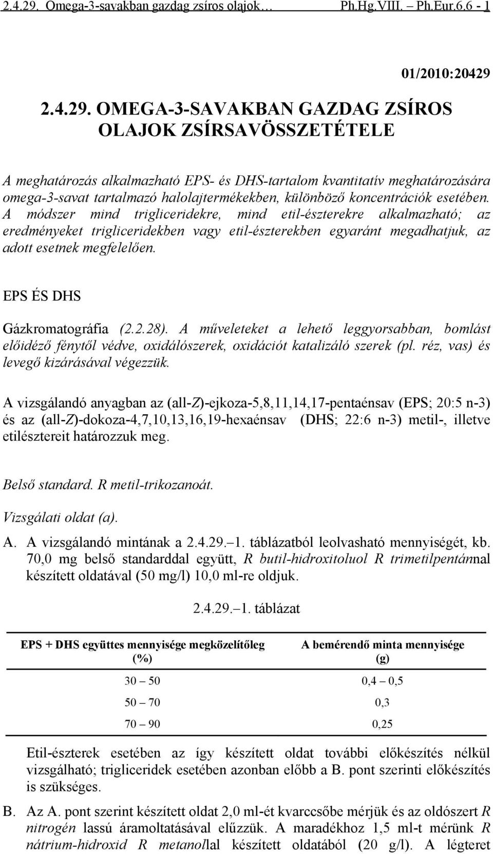 6-0/200:20429  OMEG-3-SVKBN GZDG ZSÍROS OLJOK ZSÍRSVÖSSZETÉTELE eghatározás alkalazható EPS- és DHS-tartalo kvantitatív eghatározására oega-3-savat tartalazó halolajterékekben, különböző