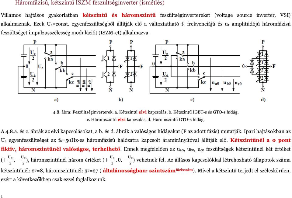 Kétszintű IGBT-s és GTO-s hídág, c. Háromszintű elvi kapcsolás, d. Háromszintű GTO-s hídág. A 4.8.a. és c. ábrák az elvi kapcsolásokat, a b. és d.