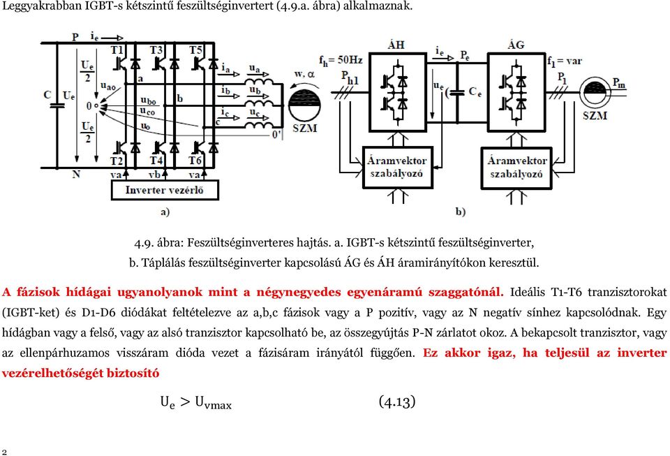 Ideális T1-T6 tranzisztorokat (IGBT-ket) és D1-D6 diódákat feltételezve az a,b,c fázisok vagy a P pozitív, vagy az N negatív sínhez kapcsolódnak.