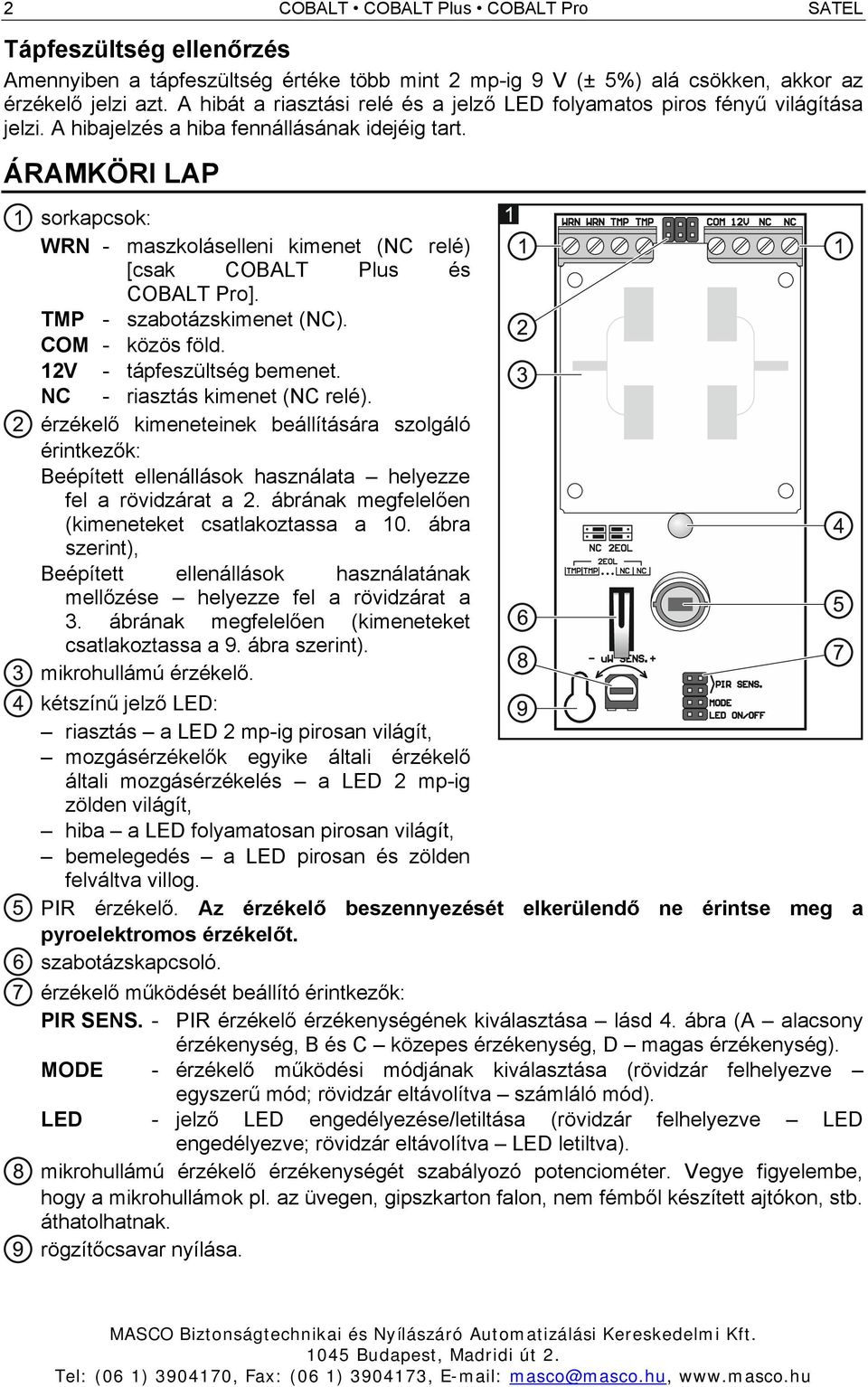 ÁRAMKÖRI LAP sorkapcsok: WRN - maszkoláselleni kimenet (NC relé) [csak COBALT Plus és COBALT Pro]. TMP - szabotázskimenet (NC). COM - közös föld. 12V - tápfeszültség bemenet.