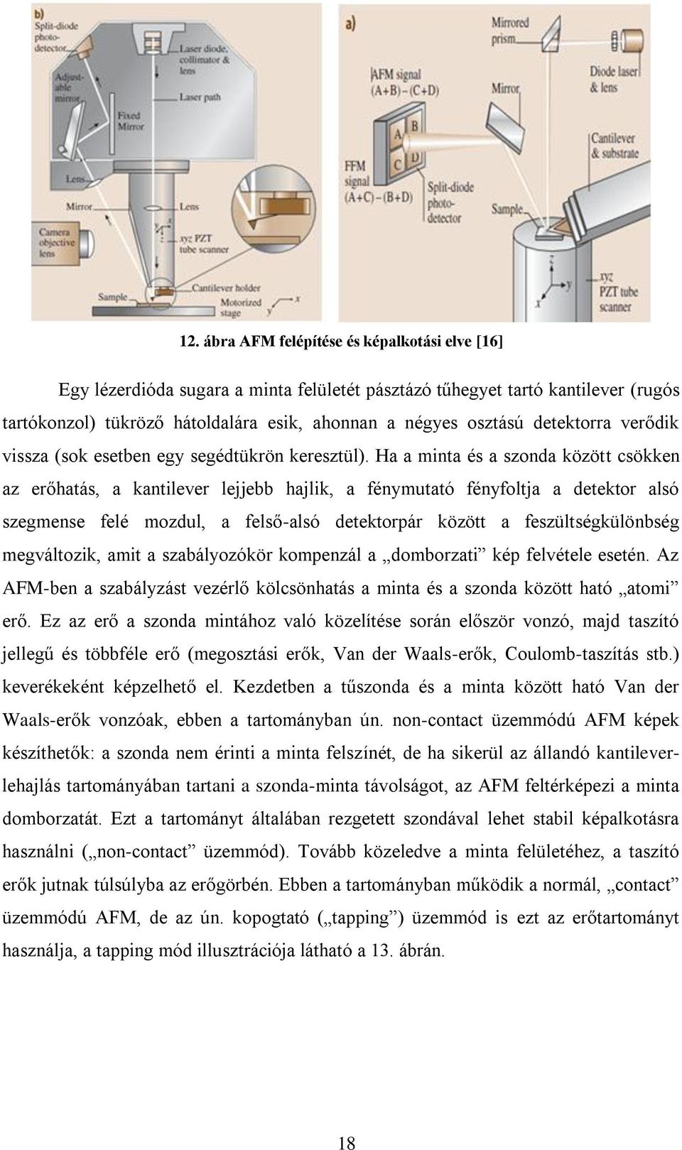 Ha a minta és a szonda között csökken az erőhatás, a kantilever lejjebb hajlik, a fénymutató fényfoltja a detektor alsó szegmense felé mozdul, a felső-alsó detektorpár között a feszültségkülönbség