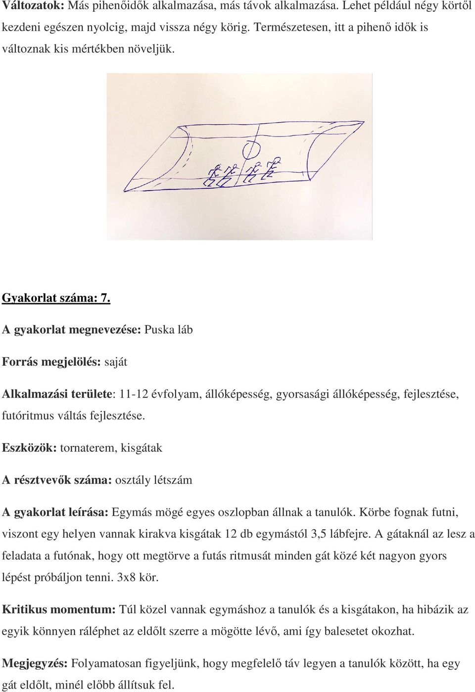 A gyakorlat megnevezése: Puska láb Alkalmazási területe: 11-12 évfolyam, állóképesség, gyorsasági állóképesség, fejlesztése, futóritmus váltás fejlesztése.