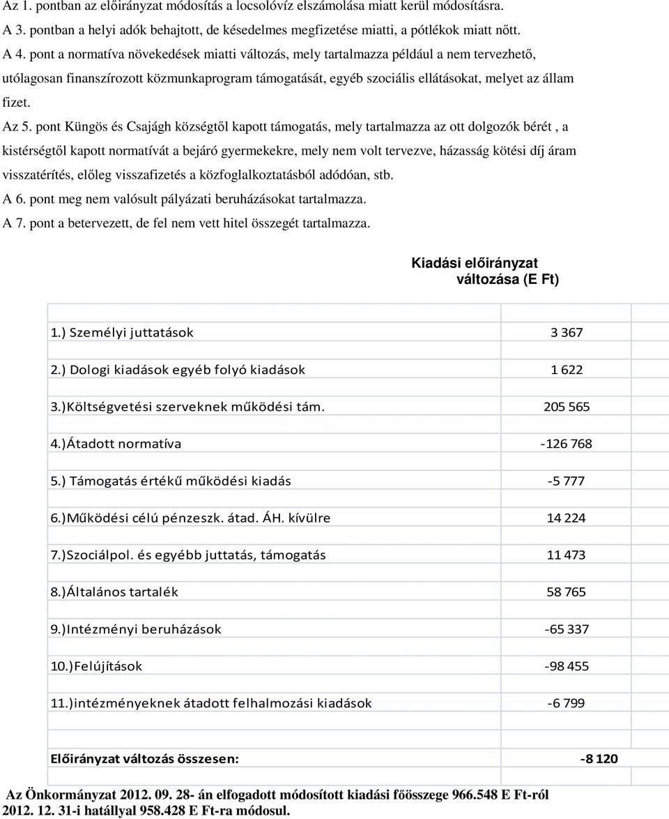 Az 5. pont Küngös és Csajágh községtől kapott támogatás, mely tartalmazza az ott dolgozók bérét, a kistérségtől kapott normatívát a bejáró gyermekekre, mely nem volt tervezve, házasság kötési díj