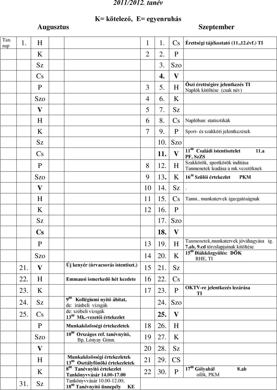 a PF, SzZS Szakkörök, sportkörök indítása anmenetek leadása a mk.vezetõknek Szo 9 13. K 16 30 Szülői értekezlet PKM V 10 14. Sz. H K 12 16. P Sz 21. V 11 15. Cs anm., munkatervek igazgatóságnak 17.