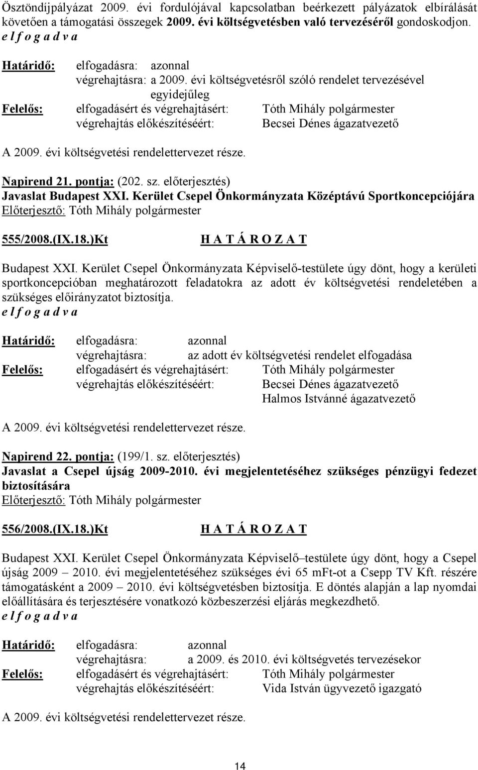 évi költségvetési rendelettervezet része. Napirend 21. pontja: (202. sz. előterjesztés) Javaslat Budapest XXI. Kerület Csepel Önkormányzata Középtávú Sportkoncepciójára 555/2008.(IX.18.