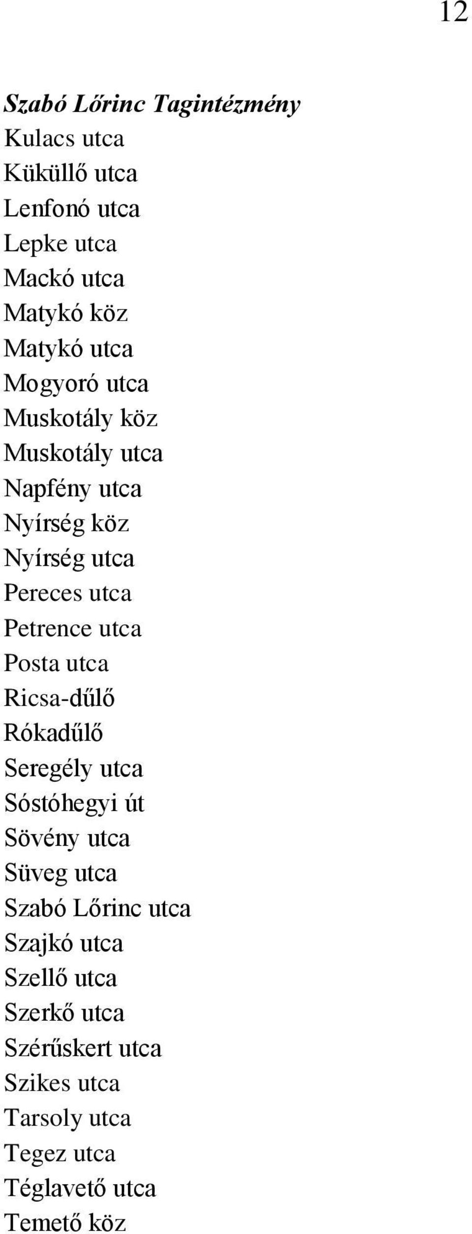 utca Posta utca Ricsa-dűlő Rókadűlő Seregély utca Sóstóhegyi út Sövény utca Süveg utca Szabó Lőrinc utca