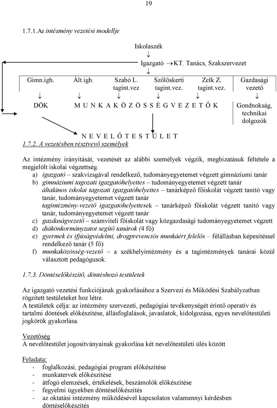 a) igazgató szakvizsgával rendelkező, tudományegyetemet végzett gimnáziumi tanár b) gimnáziumi tagozati igazgatóhelyettes tudományegyetemet végzett tanár általános iskolai tagozati igazgatóhelyettes