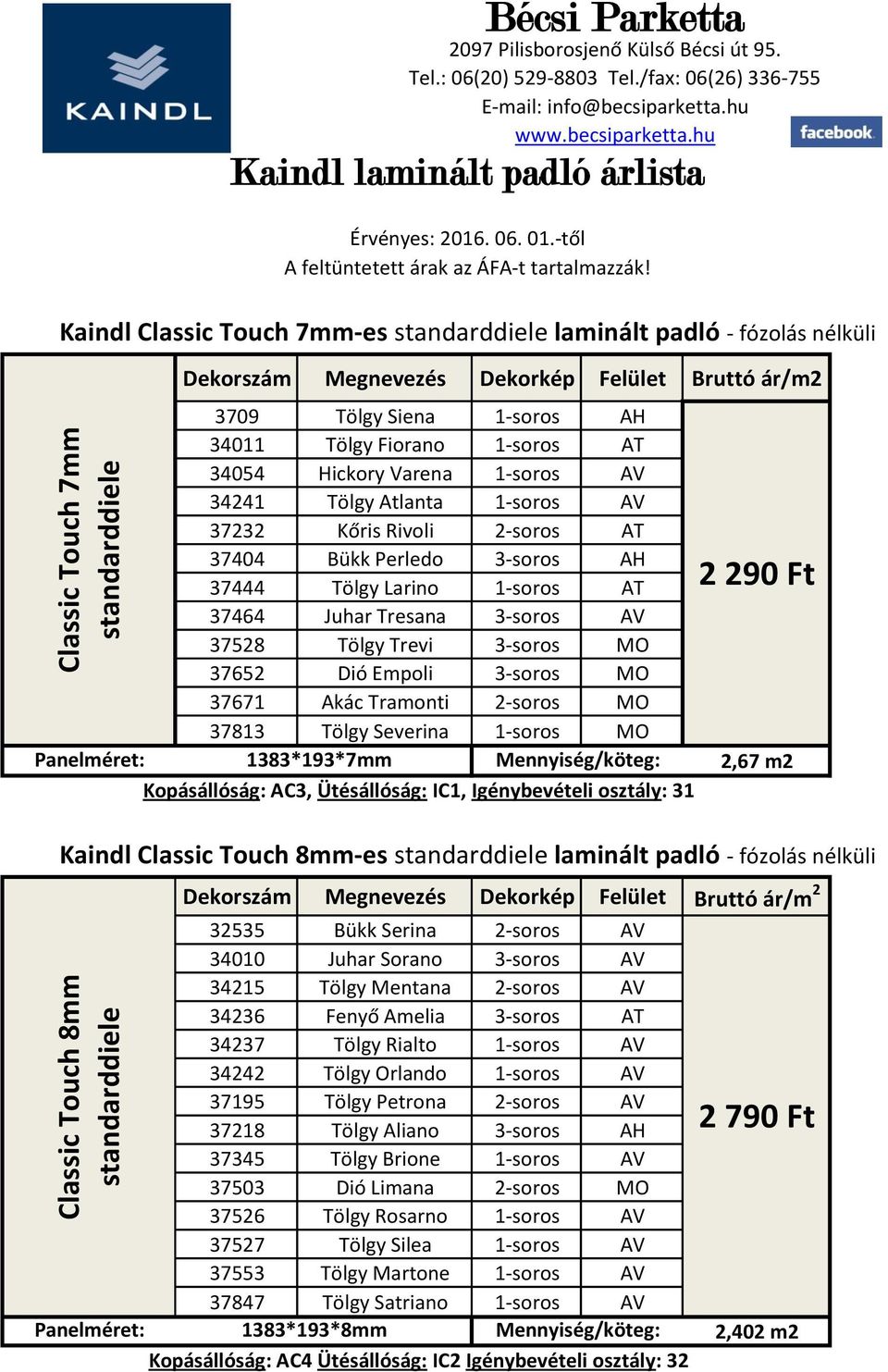 Kaindl Classic Touch 7mm-es standarddiele laminált padló - fózolás nélküli Dekorszám Megnevezés Dekorkép Felület Bruttó ár/m2 3709 Tölgy Siena 1-soros AH 34011 Tölgy Fiorano 1-soros AT 34054 Hickory