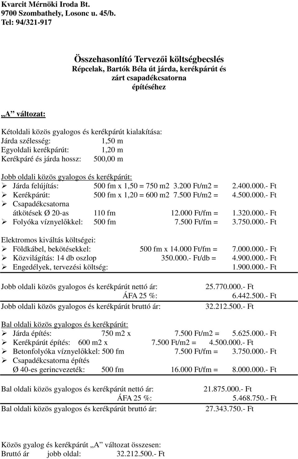 Járda szélesség: 1,50 m Egyoldali kerékpárút: 1,20 m Kerékpáré és járda hossz: 500,00 m Jobb oldali közös gyalogos és kerékpárút: Járda felújítás: 500 fm x 1,50 = 750 m2 3.200 Ft/m2 = 2.400.000.