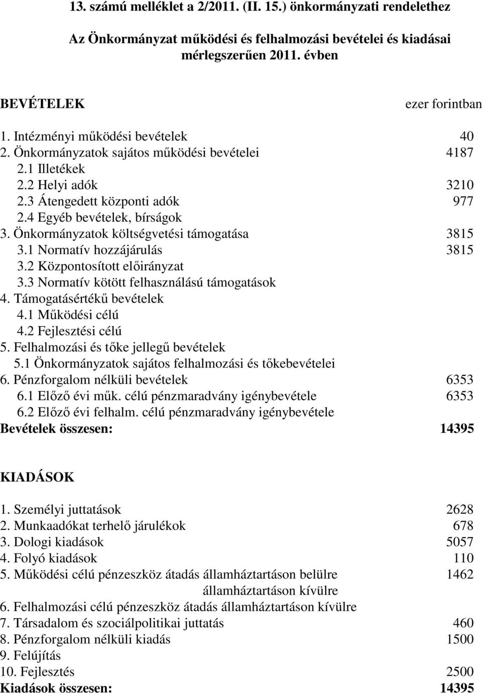 Önkormányzatok költségvetési támogatása 3815 3.1 Normatív hozzájárulás 3815 3.2 Központosított elıirányzat 3.3 Normatív kötött felhasználású támogatások 4. Támogatásértékő bevételek 4.