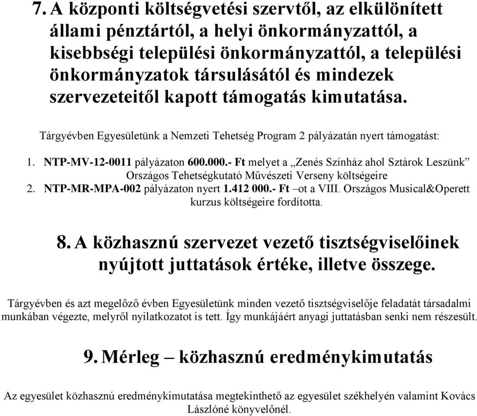 - Ft melyet a Zenés Színház ahol Sztárok Leszünk Országos Tehetségkutató Művészeti Verseny költségeire 2. NTP-MR-MPA-002 pályázaton nyert 1.412 000.- Ft ot a VIII.