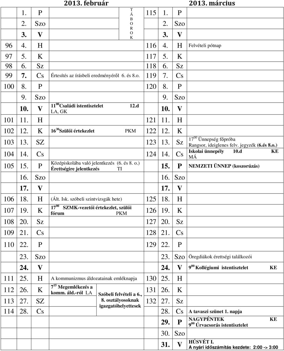 Cs 105 15. P Á B O R O K 17 00 Ünnepség főpróba Rangsor, ideiglenes felv. jegyzék (6.és 8.o.) Iskolai ünnepély 10.d KE MÁ Középiskolába való jelentkezés (6. és 8. o.) Érettségire jelentkezés I 15.