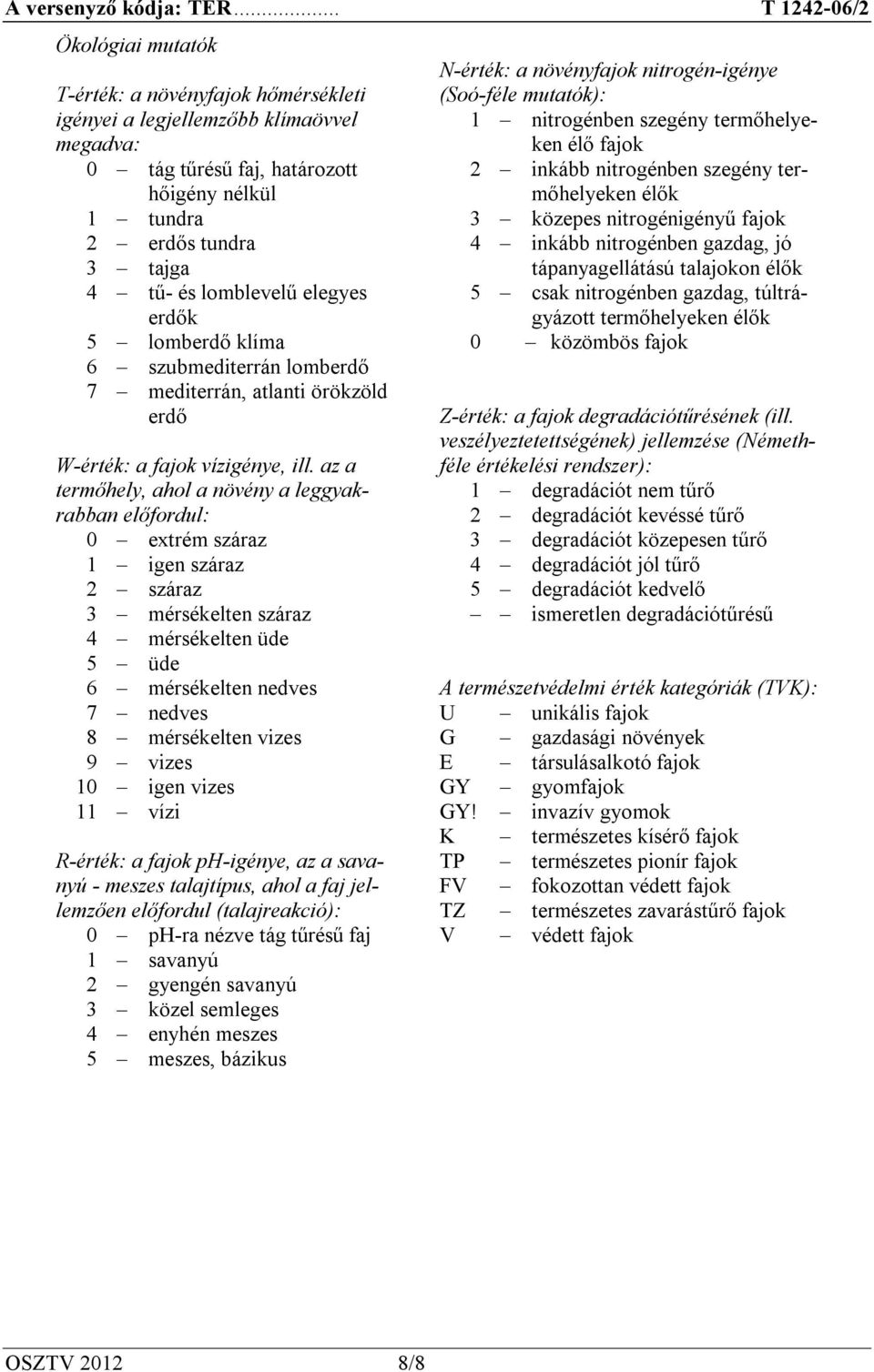 az a termőhely, ahol a növény a leggyakrabban előfordul: 0 extrém száraz 1 igen száraz 2 száraz 3 mérsékelten száraz 4 mérsékelten üde 5 üde 6 mérsékelten nedves 7 nedves 8 mérsékelten vizes 9 vizes