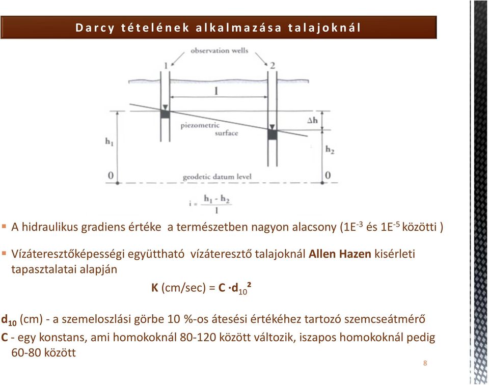 tapasztalatai alapján K(cm/sec) = C d 10 ² d 10 (cm)-a szemeloszlási görbe 10 %-os átesési értékéhez