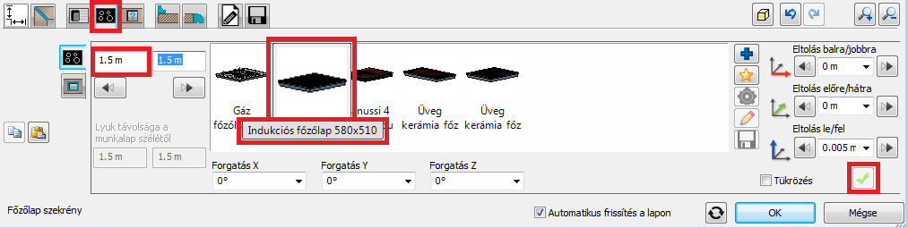 4. Lecke: Konyha tervezés 13 Kattintson a Csap fülre, válassza a Csap -ot, majd mozgassa át a megfelelő pozícióba: Forgatás Z: +45, Eltolás balra/jobbra: -0.14m, Eltolás előre/hátra +0.08m.