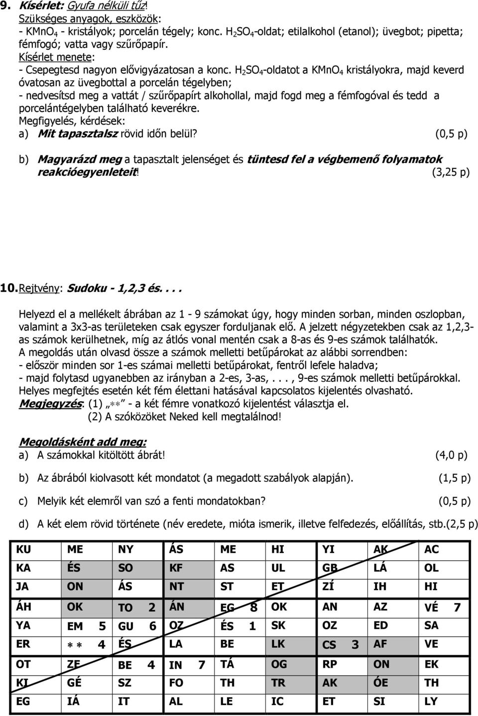 H 2 SO 4 -oldatot a KMnO 4 kristályokra, majd keverd óvatosan az üvegbottal a porcelán tégelyben; - nedvesítsd meg a vattát / szűrőpapírt alkohollal, majd fogd meg a fémfogóval és tedd a