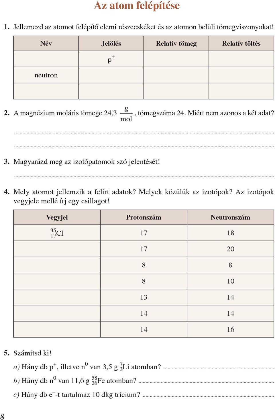 Magyarázd meg az izotópatomok szó jelentését! 4. Mely atomot jellemzik a felírt adatok? Melyek közülük az izotópok? Az izotópok vegyjele mellé írj egy csillagot!