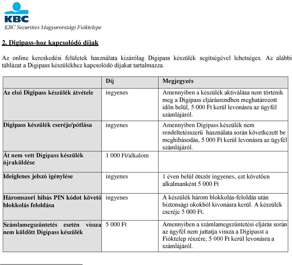 Díj Megjegyzés Az első Digipass készülék átvétele Amennyiben a készülék aktiválása nem történik meg a Digipass eljárásrendben meghatározott időn belül, 5 000 Ft kerül levonásra az ügyfél számlájáról.