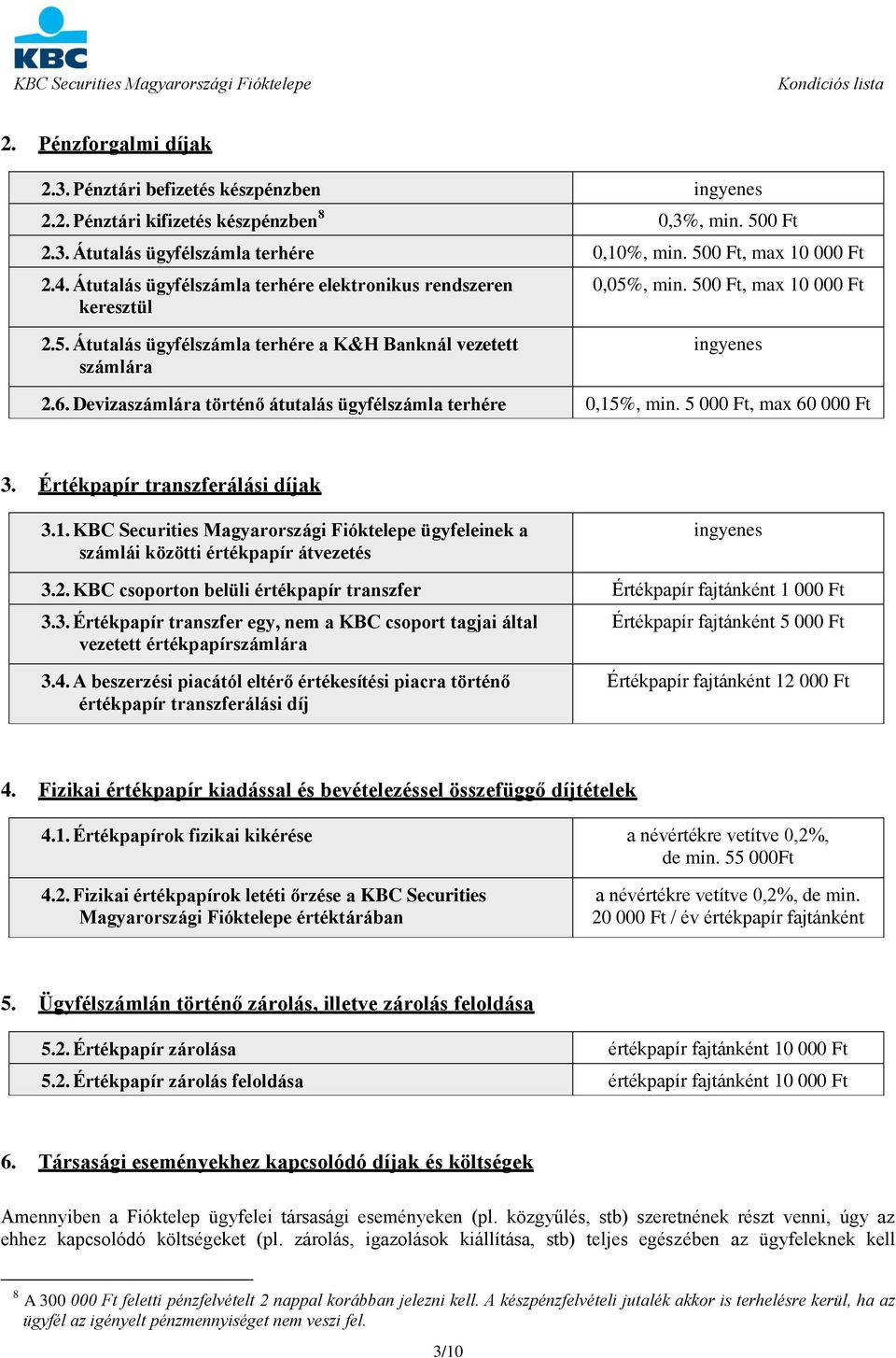 Devizaszámlára történő átutalás ügyfélszámla terhére 0,15%, min. 5 000 Ft, max 60 000 Ft 3. Értékpapír transzferálási díjak 3.1. KBC Securities Magyarországi Fióktelepe ügyfeleinek a számlái közötti értékpapír átvezetés 3.