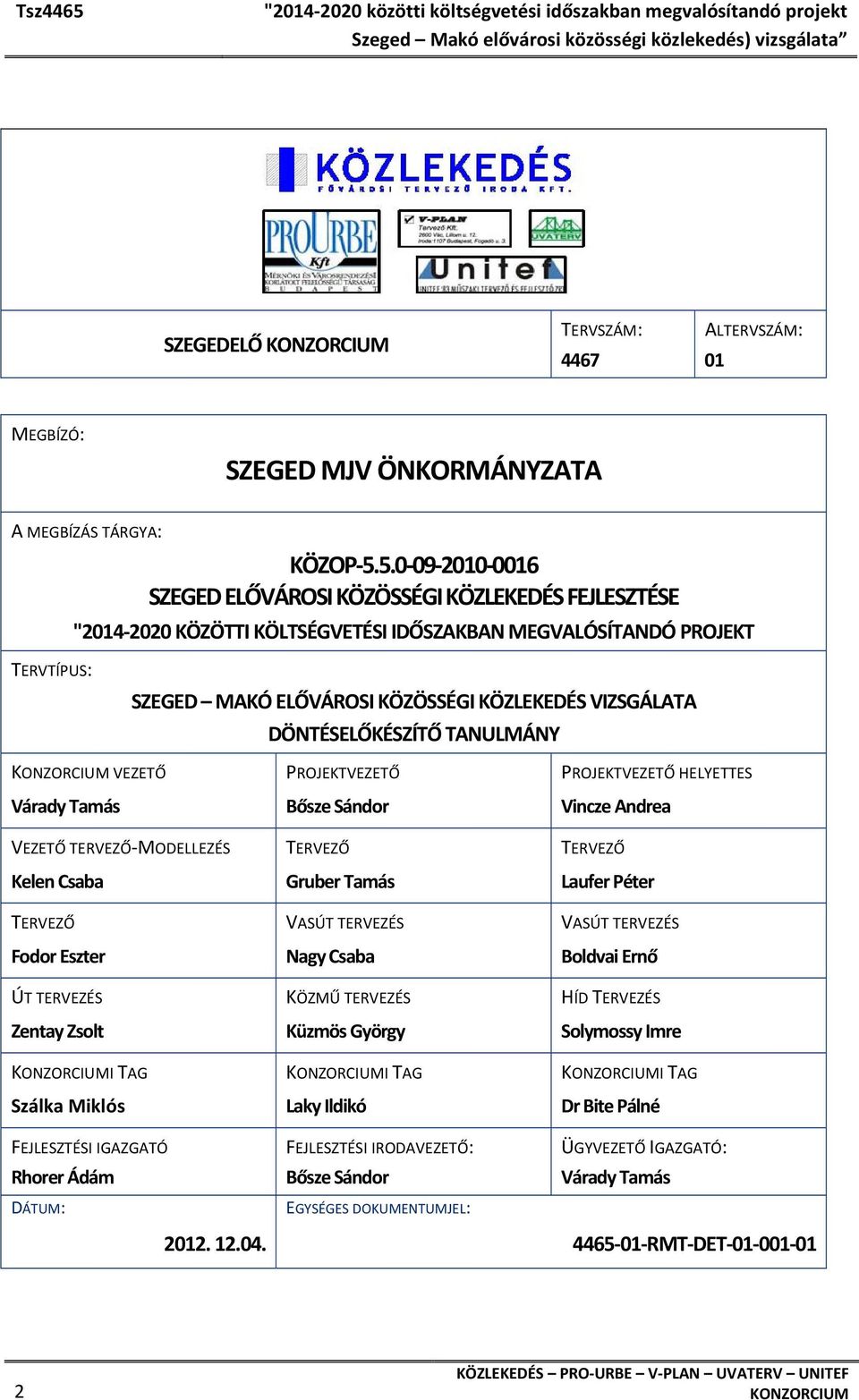 DÖNTÉSELŐKÉSZÍTŐ TANULMÁNY VEZETŐ Várady Tamás VEZETŐ TERVEZŐ MODELLEZÉS Kelen Csaba TERVEZŐ Fodor Eszter ÚT TERVEZÉS Zentay Zsolt I TAG Szálka Miklós FEJLESZTÉSI IGAZGATÓ Rhorer Ádám DÁTUM: 2012. 12.