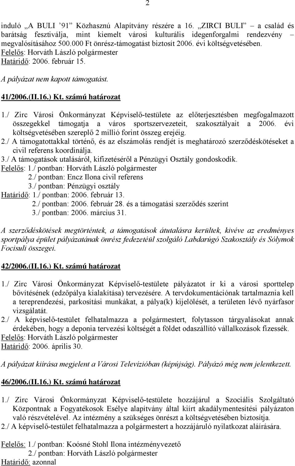 / Zirc Városi Önkormányzat Képviselő-testülete az előterjesztésben megfogalmazott összegekkel támogatja a város sportszervezeteit, szakosztályait a 2006.