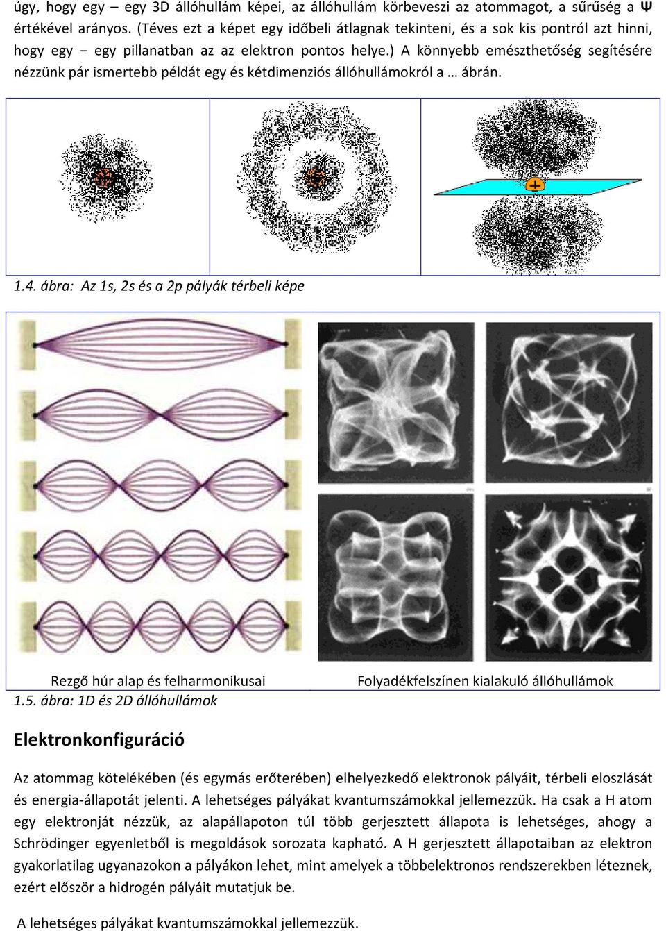 ) A könnyebb emészthetőség segítésére nézzünk pár ismertebb példát egy és kétdimenziós állóhullámokról a ábrán. 1.4. ábra: Az 1s, 2s és a 2p pályák térbeli képe Rezgő húr alap és felharmonikusai 1.5.