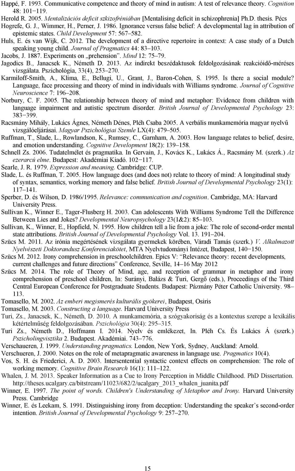 Ignorance versus false belief: A developmental lag in attribution of epistemic states. Child Development 57: 567 582. Huls, E. és van Wijk, C. 2012.