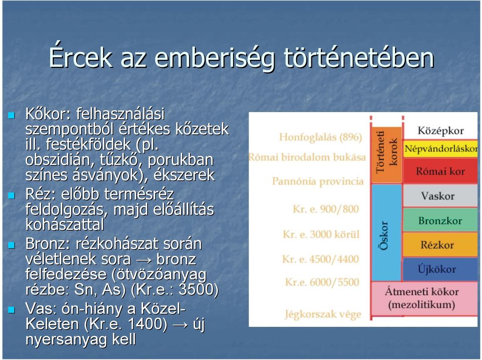 obszidián, tűzkt zkő,, porukban színes ásványok), ékszerek Réz: előbb termésr sréz feldolgozás, majd