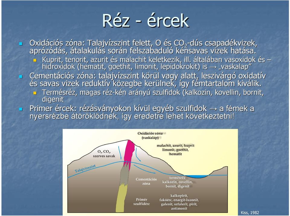 általában vasoxidok és hidroxidok (hematit, goethit, limonit, lepidokrokit) ) is vaskalap Cementáci ciós s zóna: z talajvízszint körül k l vagy alatt, leszivárg rgó oxidatív és