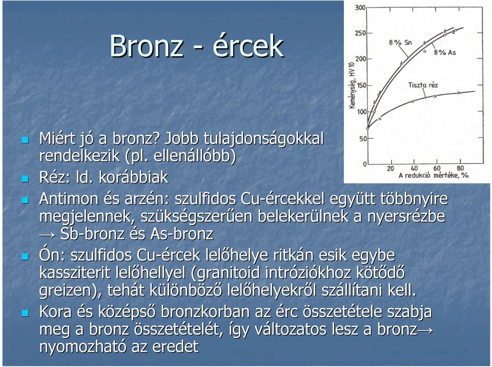 bronz és As-bronz Ón: szulfidos Cu-ércek lelőhelye ritkán n esik egybe kassziterit lelőhellyel (granitoid( intrózi ziókhoz kötődő greizen), tehát t
