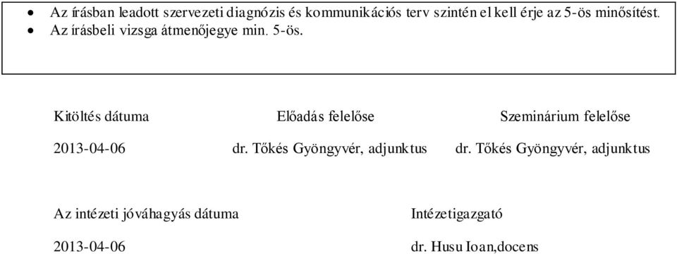 Kitöltés dátuma Előadás felelőse Szeminárium felelőse 2013-04-06 dr.