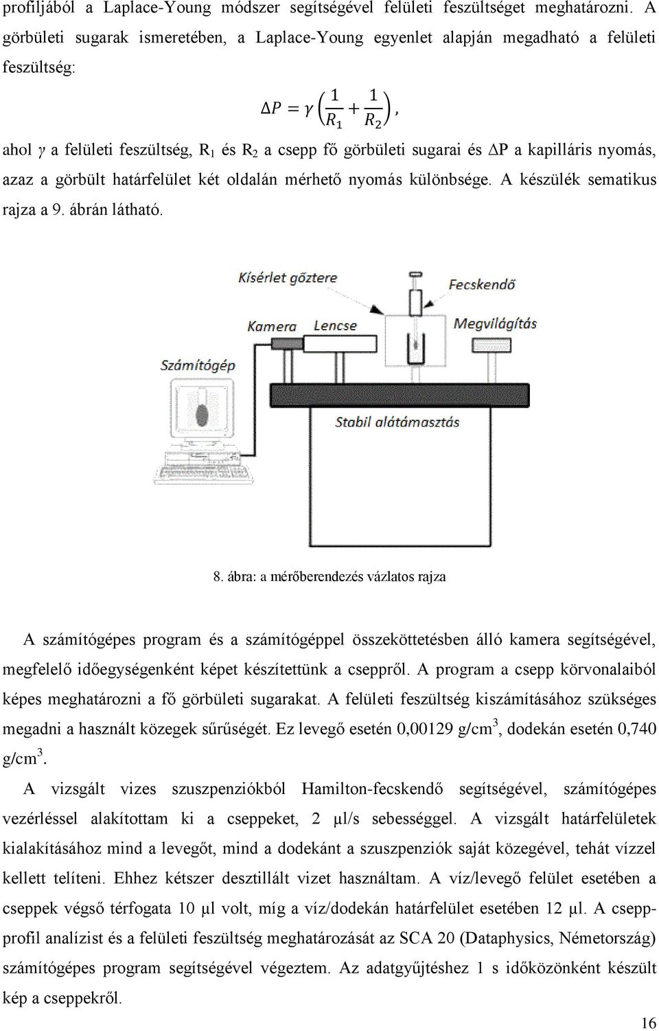 a görbült határfelület két oldalán mérhető nyomás különbsége. A készülék sematikus rajza a 9. ábrán látható. 8.