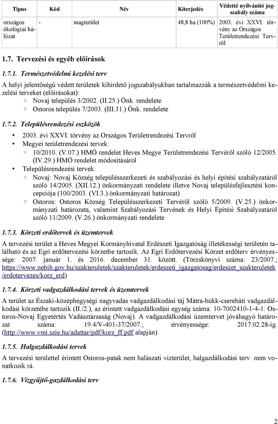 7.1. Természetvédelmi kezelési terv A helyi jelentőségű védett területek kihirdető jogszabályukban tartalmazzák a természetvédelmi kezelési terveket (előírásokat): Novaj település 3/2002. (II.25.
