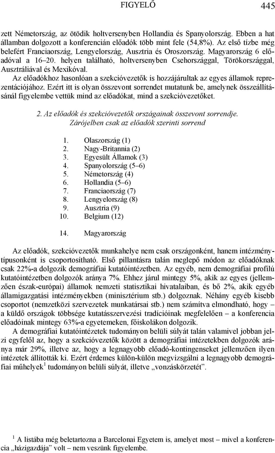helyen található, holtversenyben Csehországgal, Törökországgal, Ausztráliával és Mexikóval. Az előadókhoz hasonlóan a szekcióvezetők is hozzájárultak az egyes államok reprezentációjához.