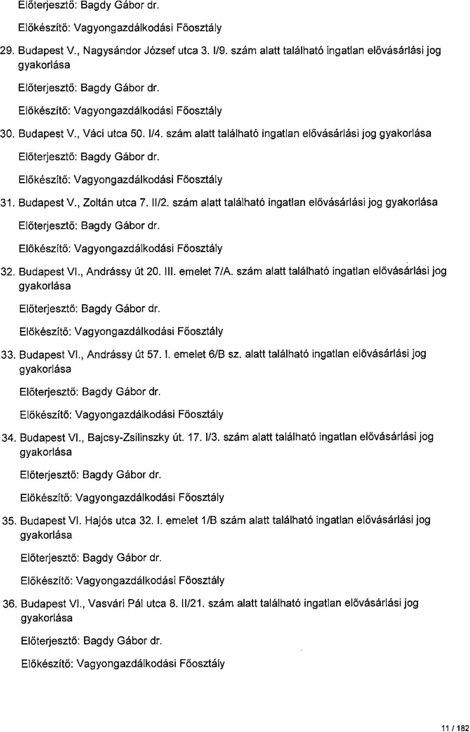 szám alatt található ingatlan elővásárlási jog gyakorlása Előterjesztő: Bagdy Gábor dr. Előkészítő: Vagyongazdálkodási Főosztály 31. Budapest V., Zoltán utca 7. 11/2.