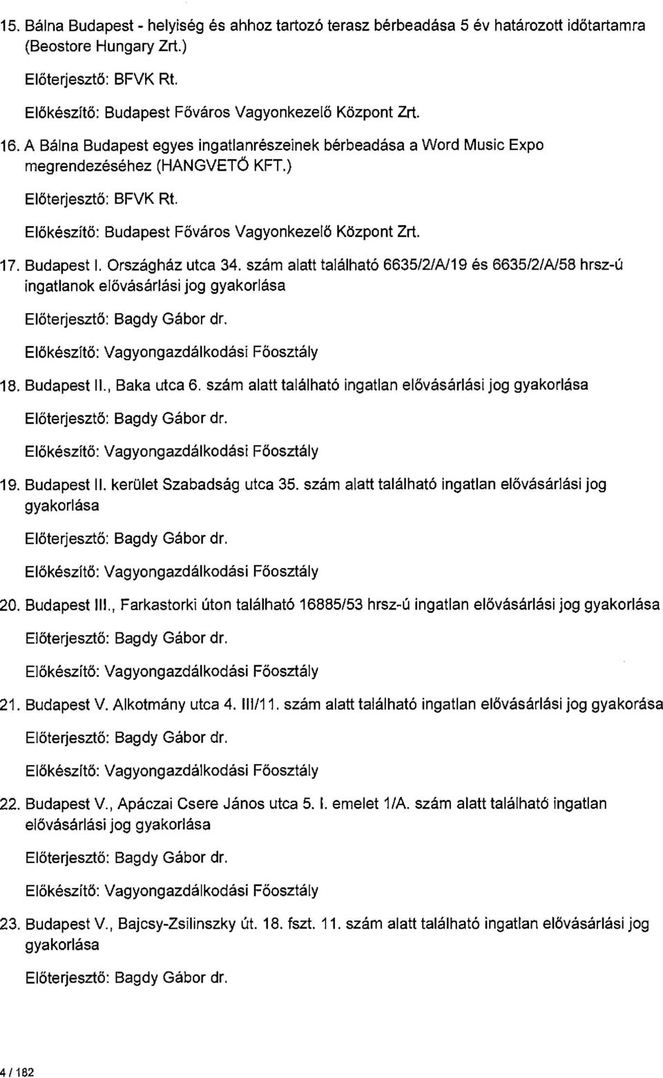 Országház utca 34. szám alatt található 6635/2/A/19 és 6635/2/A/58 hrsz-ú ingatlanok elővásárlási jog gyakorlása Előterjesztő: Bagdy Gábor dr. Előkészítő: Vagyongazdálkodási Főosztály 18.