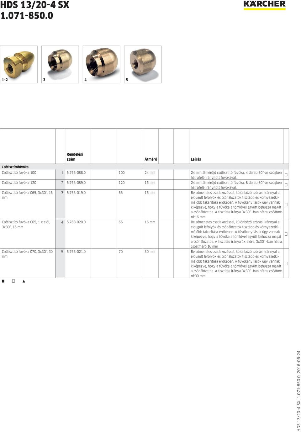 Csőtisztító fúvóka 065, 3x30, 16 mm Csőtisztító fúvóka 065, 1 x elöl, 3x30, 16 mm Csőtisztító fúvóka 070, 3x30, 30 mm 3 5.763-019.