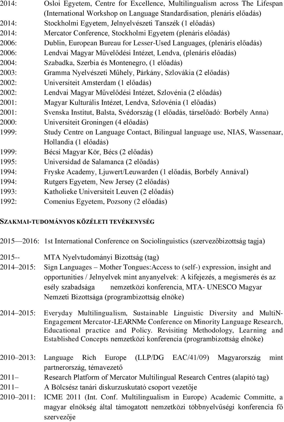 Lendva, (plenáris előadás) 2004: Szabadka, Szerbia és Montenegro, (1 előadás) 2003: Gramma Nyelvészeti Műhely, Párkány, Szlovákia (2 előadás) 2002: Universiteit Amsterdam (1 előadás) 2002: Lendvai