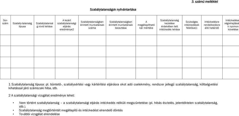 rendelkezésre álló határidő Intézkedése végrehajtásá k nyomon követése 1 Szabálytalanság típusa: pl.