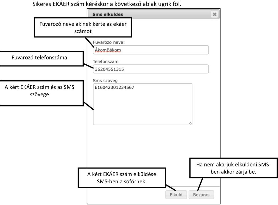 telefonszáma A kért EKÁER szám és az SMS szövege A kért EKÁER