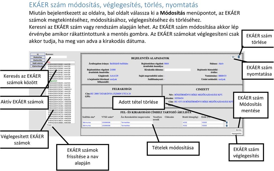 Az EKÁER szám módosítása akkor lép érvénybe amikor rákattintottunk a mentés gombra. Az EKÁER számokat véglegesíteni csak akkor tudja, ha meg van adva a kirakodás dátuma.