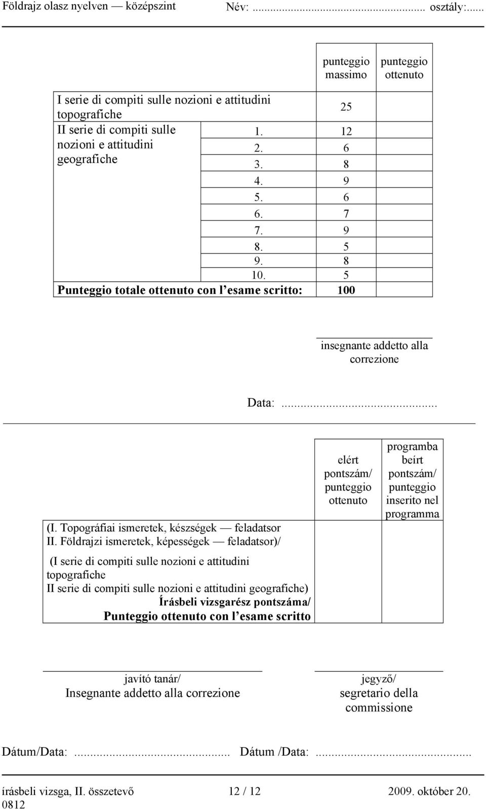 Földrajzi ismeretek, képességek feladatsor)/ (I serie di compiti sulle nozioni e attitudini topografiche II serie di compiti sulle nozioni e attitudini geografiche) Írásbeli vizsgarész pontszáma/