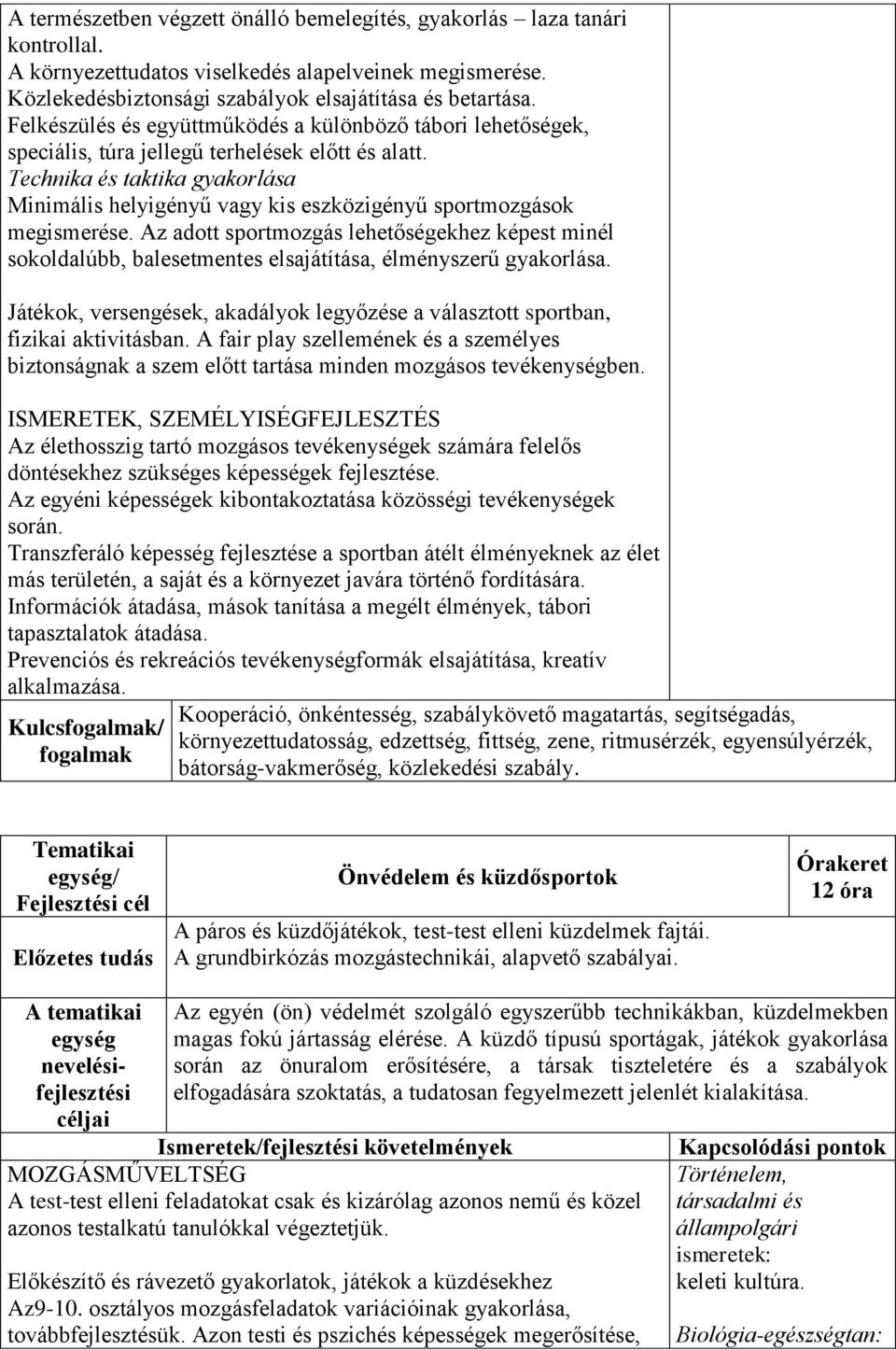 Technika és taktika gyakorlása Minimális helyigényű vagy kis eszközigényű sportmozgások megismerése.